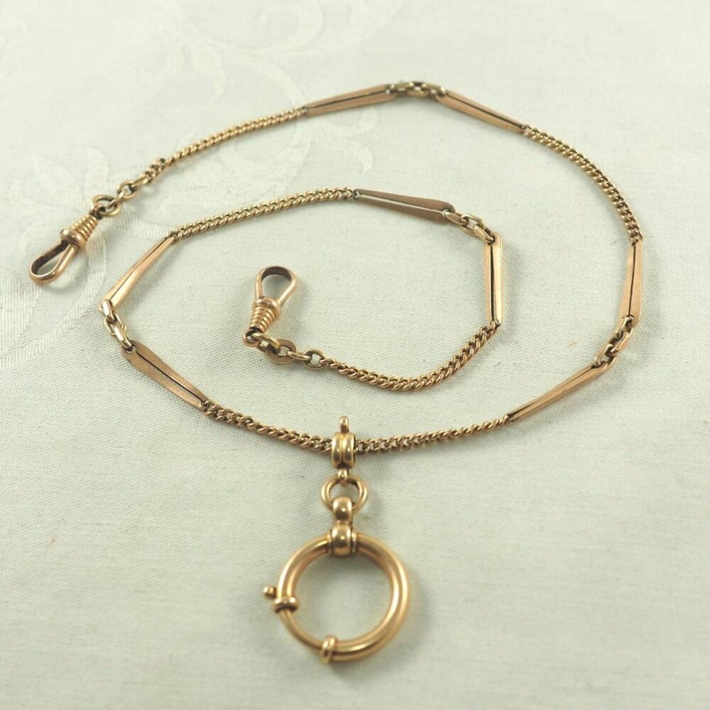 Antique Double Albert Watch Chain in Necklace Length, Gold Filled